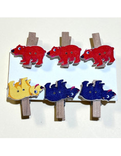 6 Pinces en Bois Motif Ourse