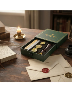 Boite de Cachet Cire Tampon Bois + 2 Batons Or Argent + 3 Décors Coffret Luxe