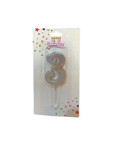 Bougie  Argent avec Paillettes , Bougie Chiffre 3