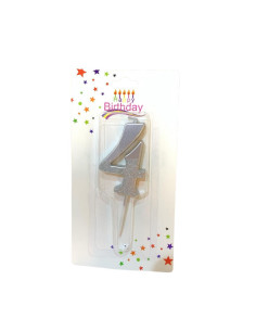 Bougie  Argent avec Paillettes , Bougie Chiffre 4