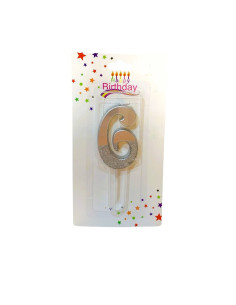 Bougie  Argent avec Paillettes , Bougie Chiffre 6