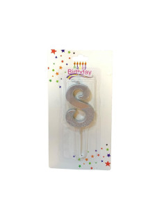 Bougie  Argent avec Paillettes , Bougie Chiffre 8