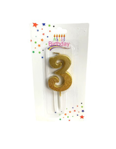 Bougie  Doré avec Paillettes , Bougie Chiffre 3