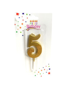 Bougie  Doré avec Paillettes , Bougie Chiffre 5