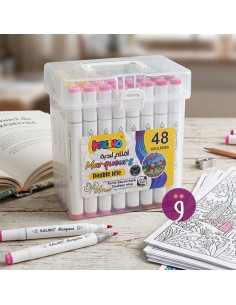 Box Artistique Premium 48 Marqueurs 96 Couleurs Double Pointe Kalino, Pointes Fine & Pinceau