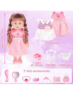 Coffret Habillage Poupée Bébé Réaliste 36 cm, 2 Robes et 7 Accessoire