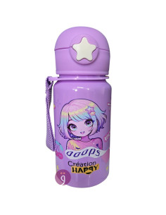 Gourde en Acier Inoxydable avec Paille, Manga Fille Happy - Réf.TFK25002