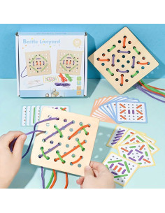 Jeu Montessori de Laçage en Bois, Planche à Lacer + Cartes Modèles