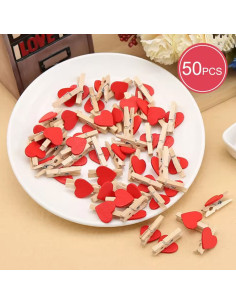 Lot de 50 Pinces En Bois Motif Coeur