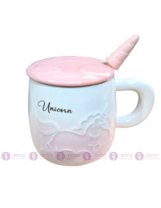 Mug en Relief 3D Licorne Rose avec Couvercle & Cuillère