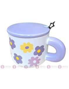 Mug Fleuri Violet avec Couvercle & Cuillère
