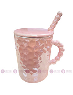 Mug Rose Nacré avec Couvercle & Cuillère, Effet Perlé