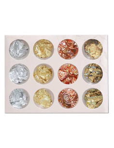 Pack De 12 Boites Foil De Feuille Nail, Doré Argent et Bronze