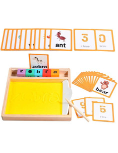 Plateau de Sable en Bois + Cartes Mots/Images + Cubes Lettres