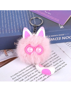 Porte-clés Pompon Chat Kawaii aux Grands Yeux Étoilés