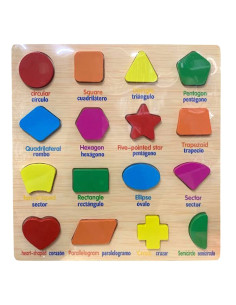 Puzzle en Bois 16 Formes Géométriques Colorées, Anglais-Espagnol