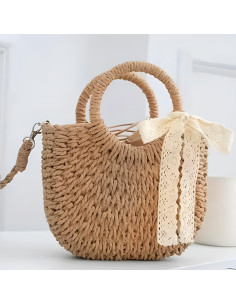 Sac à Main Femme Tressé Rond - Style Bohème Chic avec Nœud Dentelle