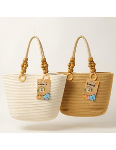 Sac Cabas Femme Tressé avec Perles en Bois - Sac Bohème Chic Été & Plage