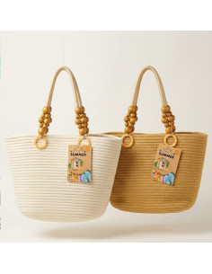 Sac Cabas Femme Tressé avec Perles en Bois - Style Bohème Élégant Été & Plage