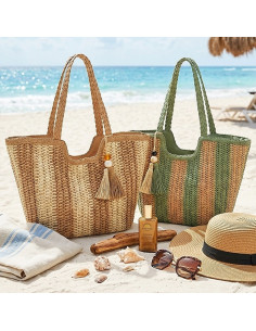 Sac Cabas Femme Tressé Rayé - Style Bohème Chic pour Plage & Été