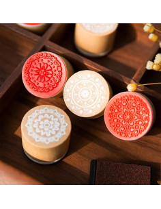 Set de 6 Tampons Bois Ronds Motifs Mandala et Dentelle