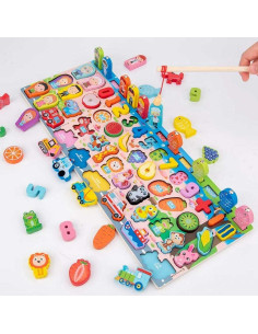 Tableau Puzzle en Bois Educatif Lettres, Chiffres, Animaux avec Pêche Magnétique