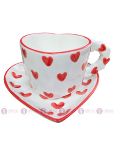 Tasse & Sous Tasse Cœur avec Motif Cœurs, Rouge et Blanc