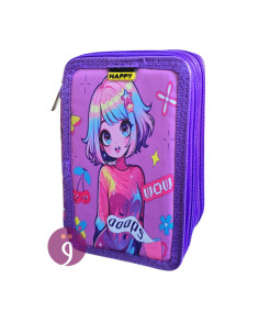 Trousse Plate 3 Compartiments Manga Fille, Happy - Réf.FM25002