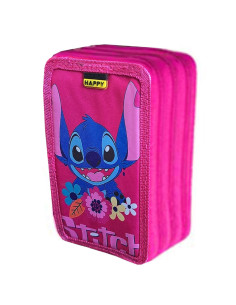 Trousse Plate 3 Compartiments Stitch Rose, Happy - Réf.FM25002